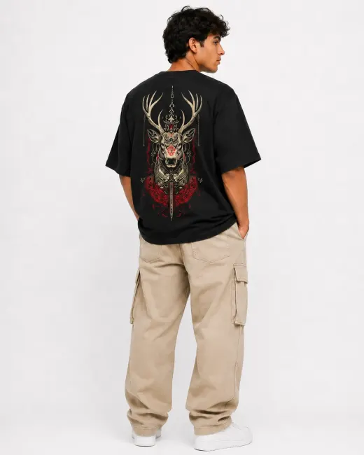 Crimson Antler oversized T-shirt in deep red with antler graphic, front view — unisex fit