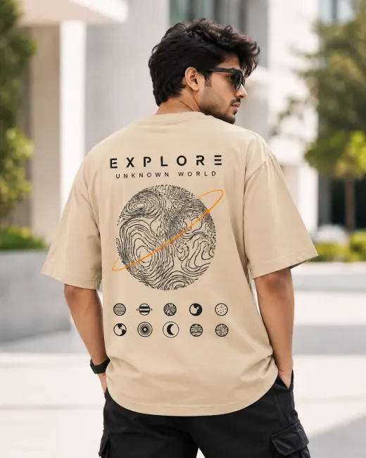 Ruhisen Explore Unknown World oversized T-shirt laid flat showing relaxed fit and graphic text