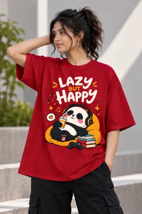 Lazy But Happy Panda Oversized T-Shirt