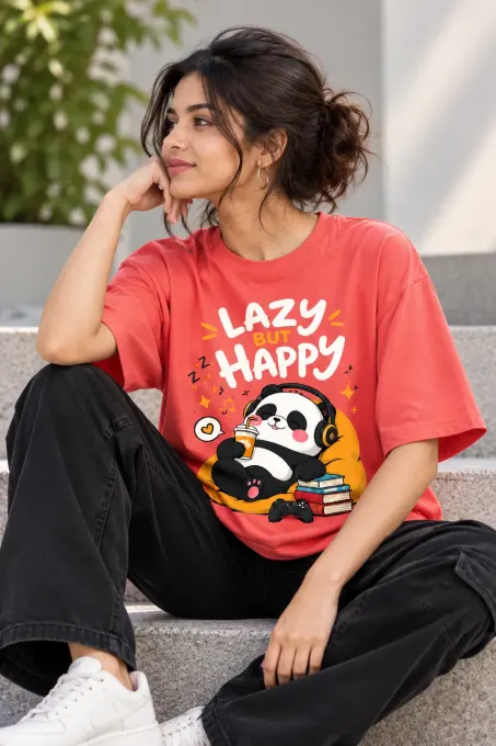 Lazy But Happy Panda Oversized T-Shirt