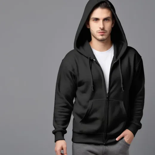 Black heavyweight zip hoodie with full zip, drawstring hood and front pockets