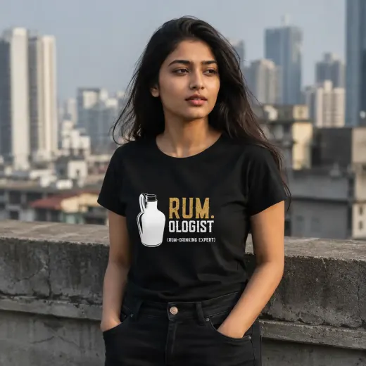 White oversized Rum-Ologist graphic Supima cotton t-shirt, front view on plain background
