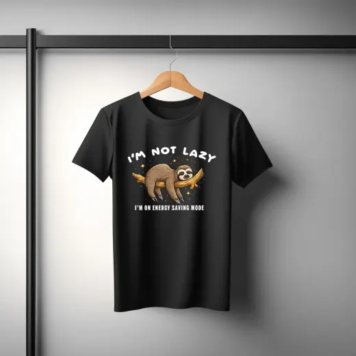 Black cotton stretch t-shirt featuring a playful sloth 'energy saving mode' graphic
