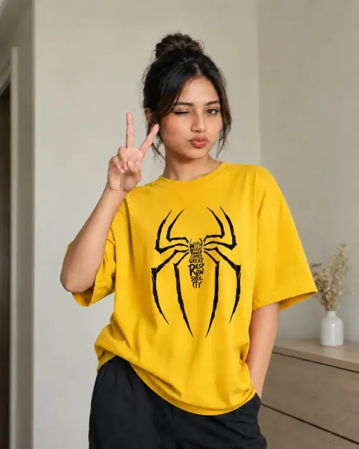 Oversized 'Spider Responsibility' graphic t-shirt featuring a front spider motif and relaxed fit