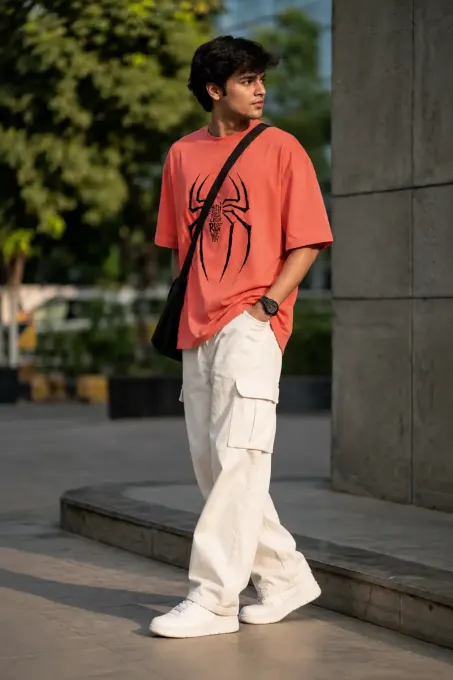 Person wearing Spider Responsibility oversized graphic t-shirt with prominent spider design on front, relaxed oversized fit
