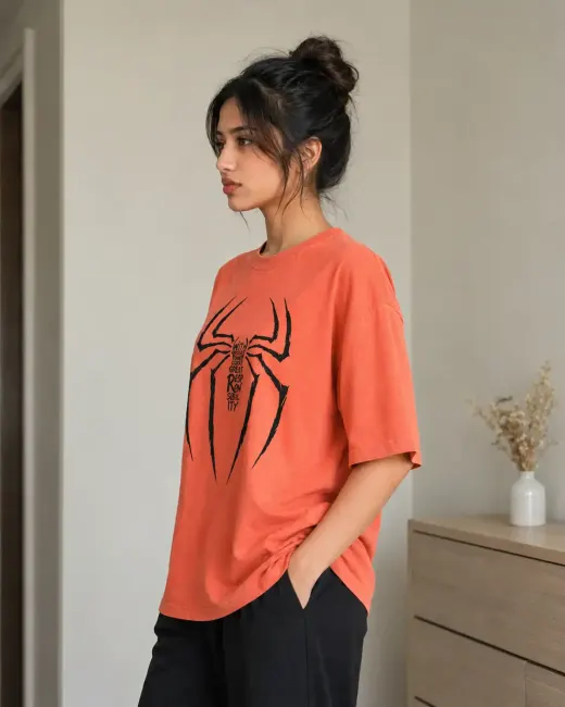 Front view of an oversized graphic t-shirt featuring a stylized spider motif and the word "Responsibility" on the chest.