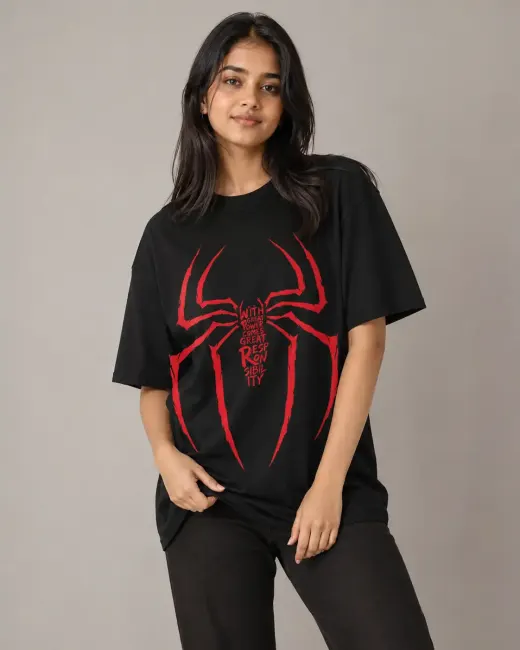 Oversized graphic T-shirt featuring a stylized spider motif and 'Responsibility' text on front
