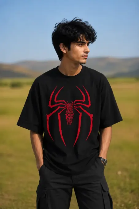 Oversized graphic t-shirt featuring a spider motif and 'Responsibility' text, relaxed streetwear fit