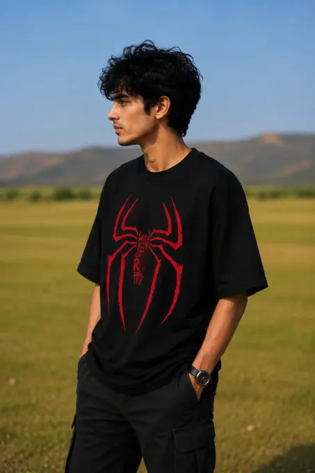 Oversized graphic t-shirt featuring a bold spider illustration and 'Responsibility' text on the front, styled for a relaxed streetwear fit.