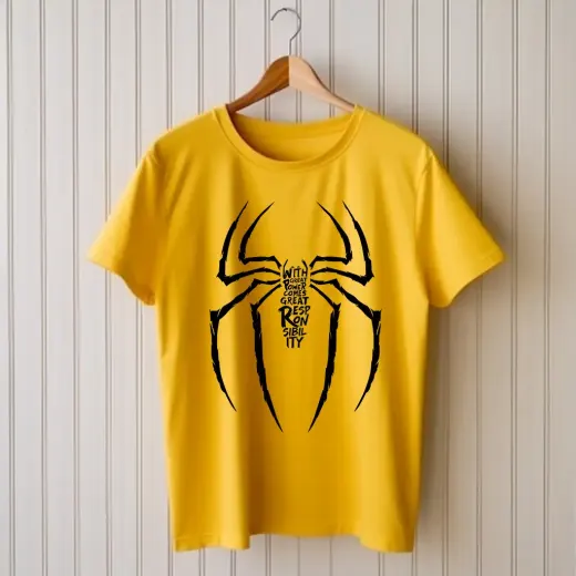 Model wearing Spider Responsibility oversized graphic t-shirt showing the front spider graphic and relaxed, boxy fit