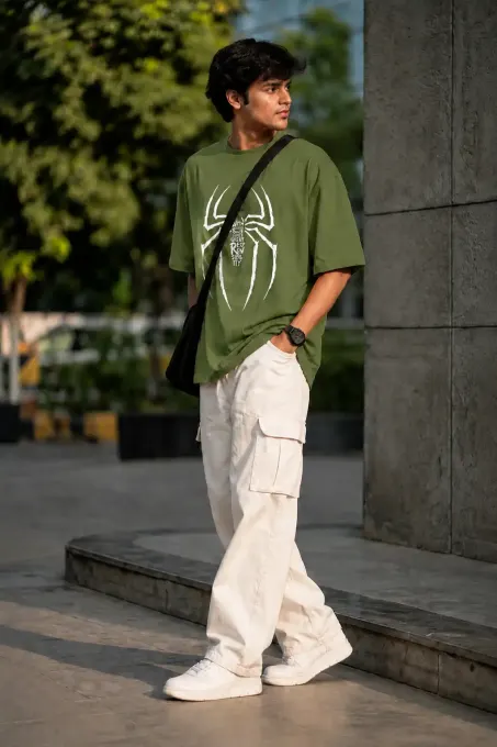Oversized graphic t-shirt featuring a stylized spider motif and 'Responsibility' text