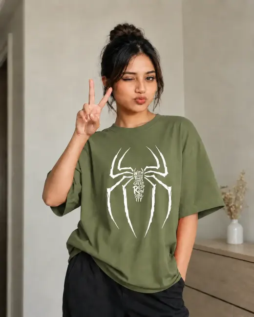 Spider Responsibility oversized graphic t-shirt with bold centered spider print on the front