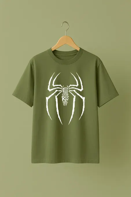 Model wearing Spider Responsibility oversized graphic t-shirt with bold spider graphic and relaxed, dropped-shoulder fit