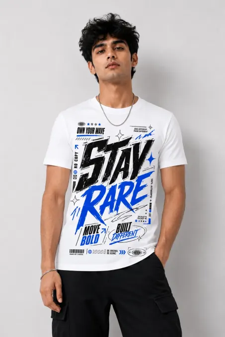 Oversized white Stay Rare Tee in Supima cotton on a hanger, minimalist streetwear tee with relaxed fit