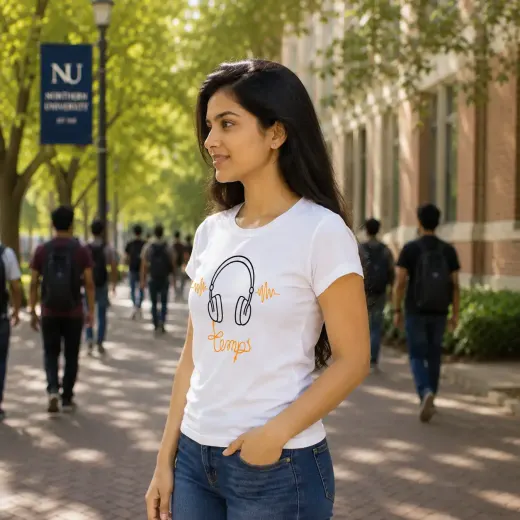 Tempo Headphone graphic Supima cotton t-shirt, front view on neutral background