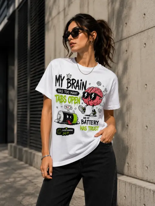 Too Many Tabs tee — Supima cotton oversized t-shirt with 'Too Many Tabs' print