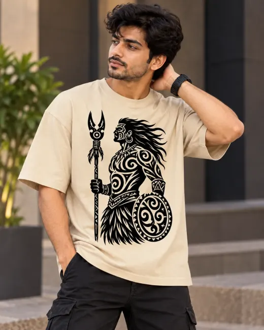 Tribal Warrior Oversized T-shirt — front view showing bold tribal warrior graphic on oversized silhouette