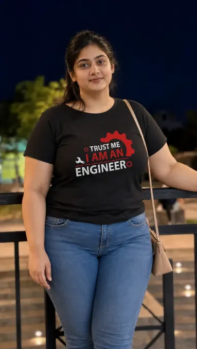 Plus-size black unisex regular-fit t-shirt with 'Trust Me I Am An Engineer' chest print