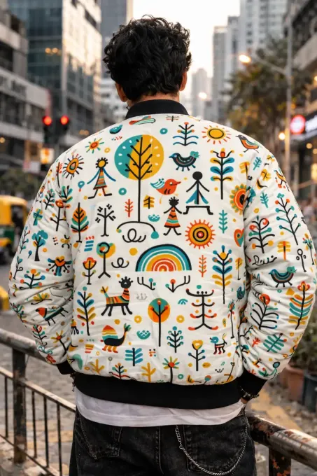Unisex abstract folk art all-over print (AOP) bomber jacket