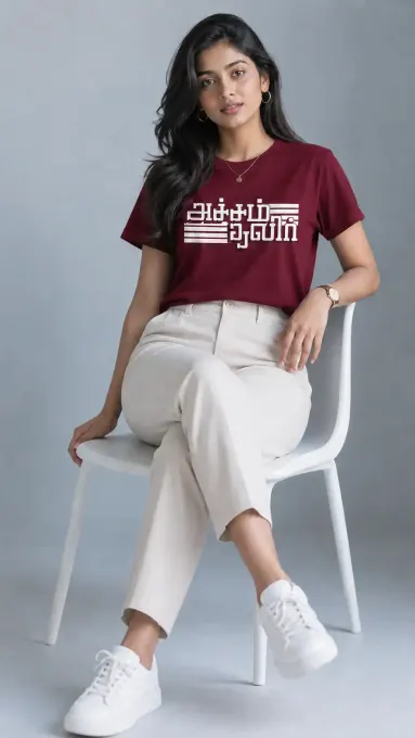 Unisex crew-neck t-shirt featuring Tamil "Acham Thavir" typography on the front