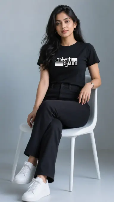 Unisex "Acham Thavir" Tamil typography classic crew t-shirt with bold Tamil script on the chest