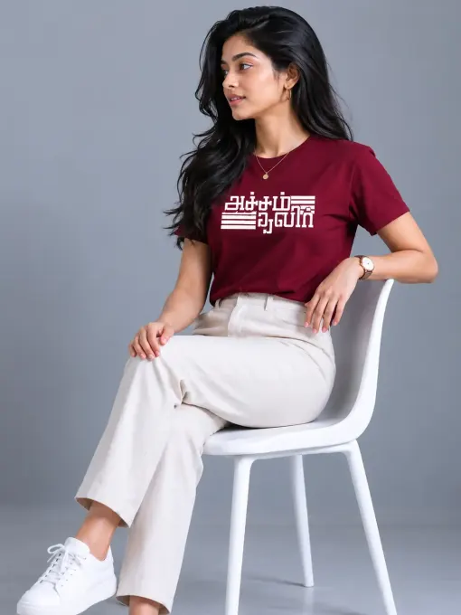 Unisex classic crew t-shirt with Tamil typography reading “Acham Thavir” on chest