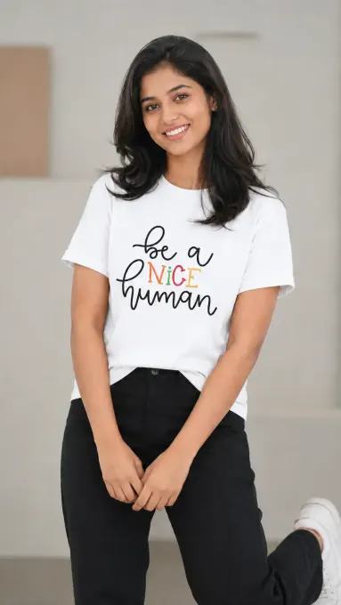 Unisex "Be A Nice Human" typography crew t-shirt, front view