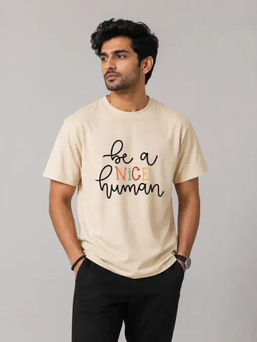 Unisex 'Be A Nice Human' typography classic crew t-shirt, front view showing the slogan on the chest