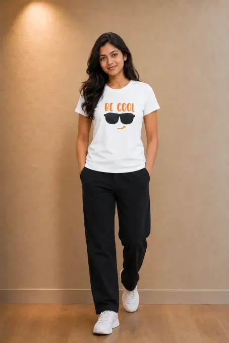 Unisex "Be Cool" sunglasses graphic crew t-shirt, front view on plain background