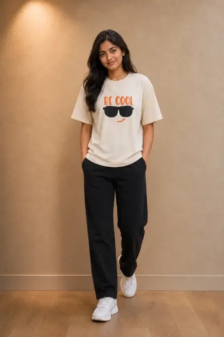 Unisex oversized white crew t-shirt with ‘Be Cool’ sunglasses graphic and relaxed fit