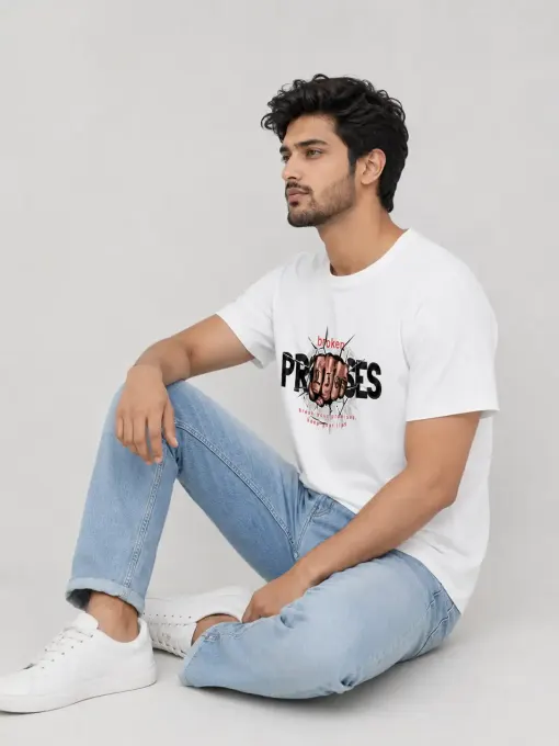Unisex "Broken Promises" graphic crew t-shirt shown front-facing with bold printed design