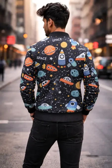 Unisex bomber jacket with all-over cosmic space exploration print