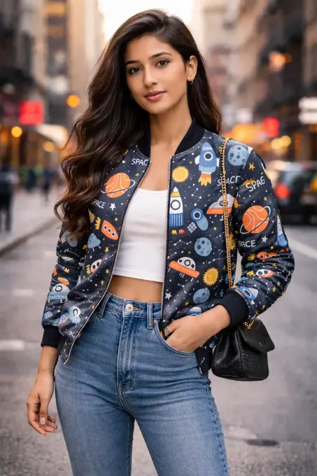 Unisex Cosmic Space Exploration AOP bomber jacket with all-over space graphics