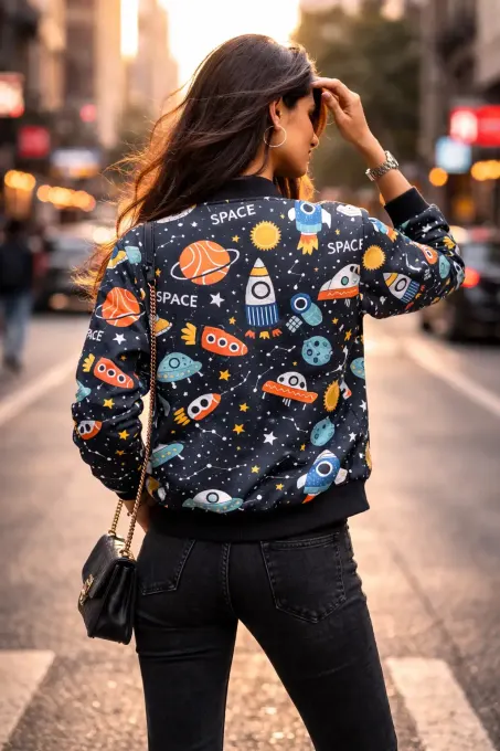 Unisex Cosmic Space Exploration AOP bomber jacket, front view with all-over space print