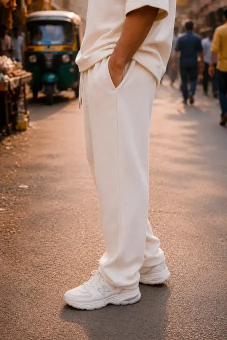 Pair of unisex cream sweatpants shown flat
