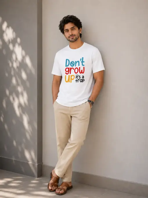 Unisex "Don't Grow Up It's A Trap" typography crew t-shirt with front text graphic, classic crew silhouette