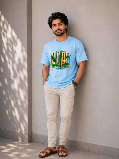 Unisex "Dope" leaf graphic crew t-shirt showing front leaf print and classic crew neck