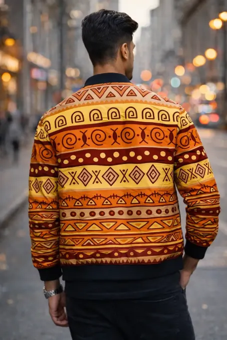 Unisex earth-tone bomber jacket with tribal all-over print (AOP)