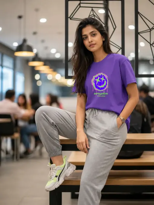 Unisex Happy Nation Acid Drip Smiley classic crew T-shirt featuring an acid-drip smiley graphic
