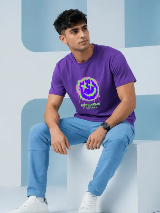 Unisex "Happy Nation" acid-drip smiley t-shirt — classic crew with bold drip graphic