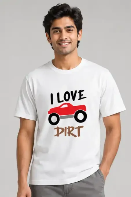 Unisex classic crew t-shirt featuring an "I Love Dirt" monster truck graphic on the front