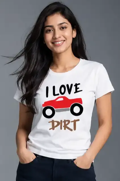 Unisex classic crew t-shirt featuring an "I Love Dirt" text and monster truck graphic