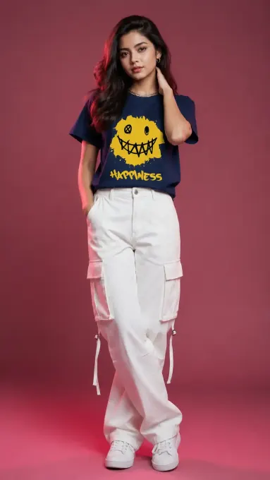 Unisex Ironic "Happiness" grunge smiley classic crew t-shirt with distressed smiley graphic