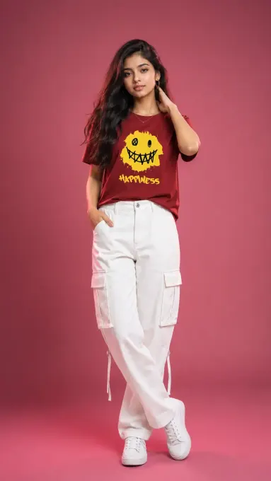 Unisex ironic Happiness grunge smiley crew t-shirt with front graphic, classic crew fit