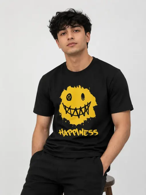 Unisex ironic 'Happiness' grunge smiley classic crew t-shirt