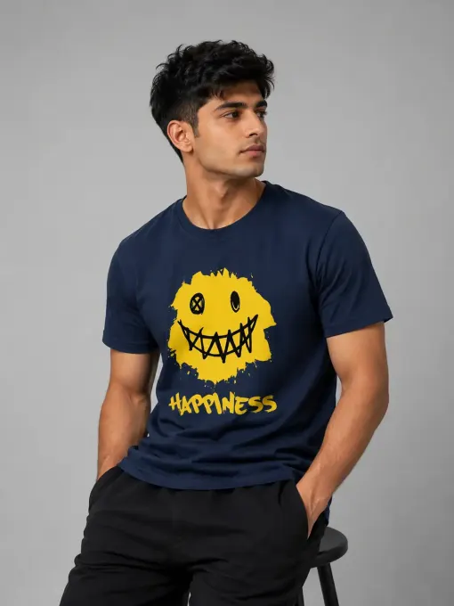 Unisex Ironic "Happiness" Grunge Smiley crew t-shirt, front view