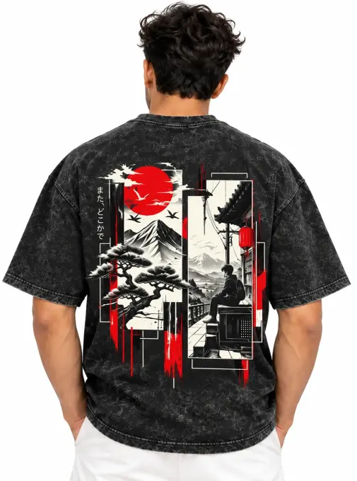 Unisex Japanese Ukiyo-e Graphic Acid-Wash Oversized T-Shirt