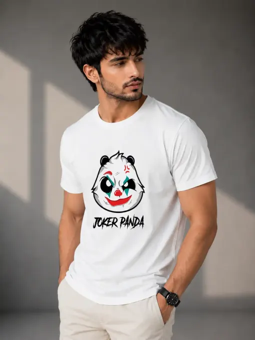 Unisex "Joker Panda" graphic crew t-shirt featuring a stylized joker-inspired panda print on the front