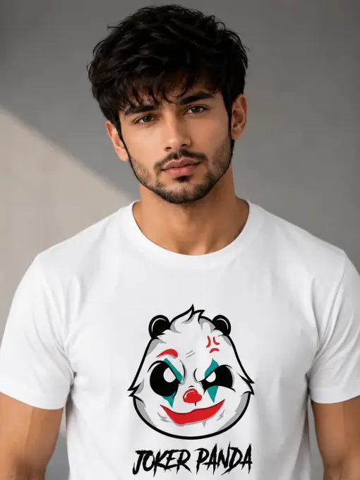 Front view of unisex "Joker Panda" graphic on classic crew t-shirt