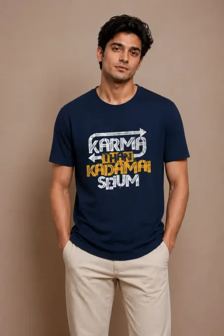 Unisex classic crew t-shirt featuring bold "Karma Dhan Kadamai Seium" typography